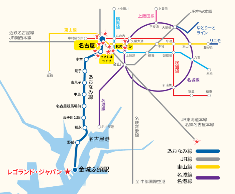 レゴランドとパートナーホテルの場所を示した路線図
